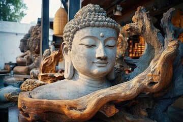 Close-up of a serene stone Buddha statue surrounded by natural wooden branches and rustic elements in an outdoor setting