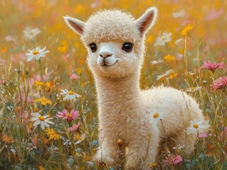 Naklejka premium fluffy young alpaca standing in a colorful wildflower meadow surrounded by daisies and pink flowers with a soft warm light enhancing a peaceful and charming atmosphere