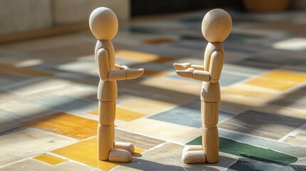 two wooden mannequin figures kneeling opposite each other on a multicolored tiled floor with light and shadows cast around them