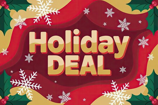 Holiday deal text with snowflakes, ribbons, and holly leaves on a festive background design element