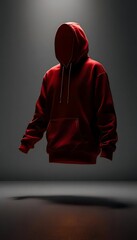 Fototapeta premium Red hoodie floating in dark space, mysterious fashion concept, perfect for streetwear brands and apparel design
