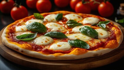 Freshly baked pizza with melted cheese and basil leaves on a wooden board with ripe tomatoes in the background