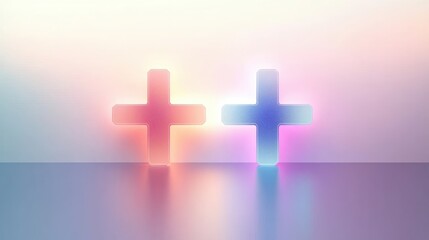 Obraz premium two glowing crosses standing side by side with soft pink, orange, and blue light reflections on a smooth surface and a gradient pastel background creating a serene atmosphere