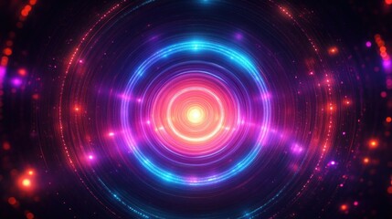 Bright glowing circular light pattern with blue, purple, and orange neon rings radiating outward in a dark abstract space