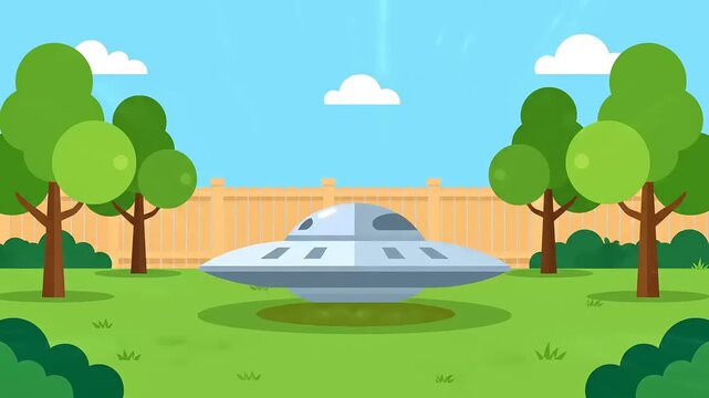 A cartoon illustration of a UFO hovering in a backyard, with trees and a fence.