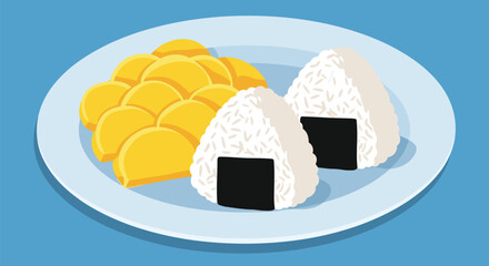 Fototapeta premium Two onigiri rice balls with nori seaweed and a pile of yellow pickled daikon radish (takuan) are presented on a white plate against a blue background.