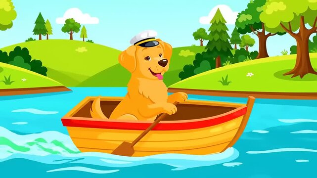 Cartoon dog wearing a captain's hat rowing a boat on a river.