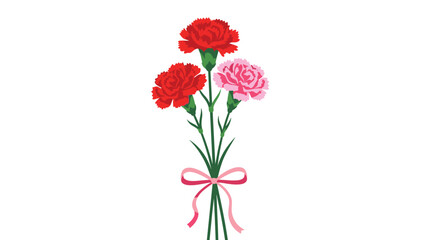 Obraz premium A vibrant bouquet of two red and one pink carnation flowers with green stems, tied with a decorative pink ribbon, on a clean white background.