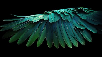 Obraz premium Close-up of a vibrant green and blue bird wing spread out against a black background showcasing detailed feathers with a smooth gradient of colors