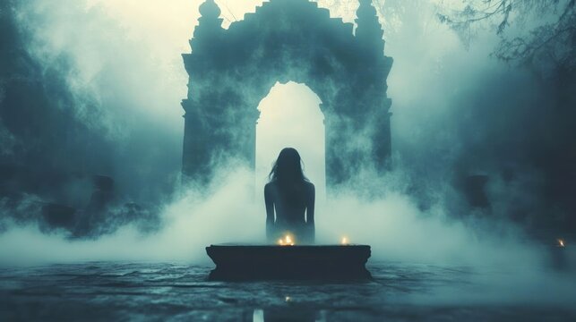 Silhouette of a person sitting in front of a large ancient stone arch surrounded by thick mist and smoke illuminated by candlelight creating a mysterious atmosphere