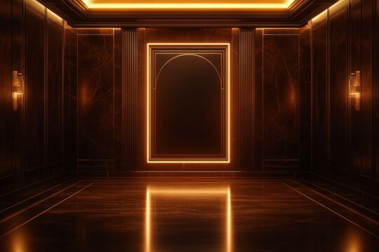 Dark luxurious room with illuminated golden rectangular and arched frame lighting on the center wall, polished reflective floor, and warm ambient wall lights creating an elegant atmosphere