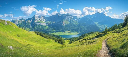 Scenic bright green mountain valley with a winding path leading toward a lake surrounded by lush trees and towering rocky peaks under a vivid blue sky with scattered white clouds