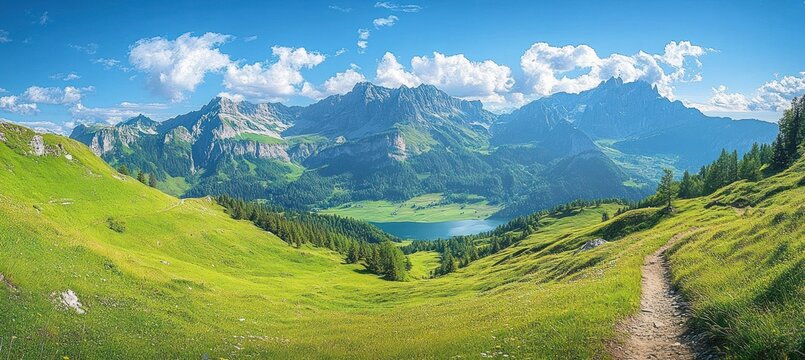 Scenic bright green mountain valley with a winding path leading toward a lake surrounded by lush trees and towering rocky peaks under a vivid blue sky with scattered white clouds - Powered by Adobe