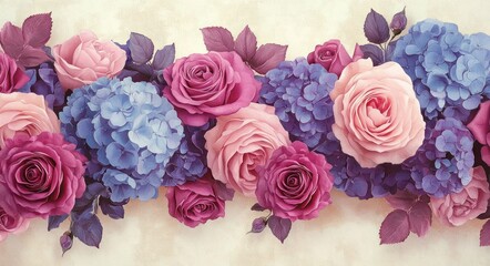 Close-up view of a vibrant floral arrangement featuring pink roses and blue hydrangeas with purple leaves against a soft beige background