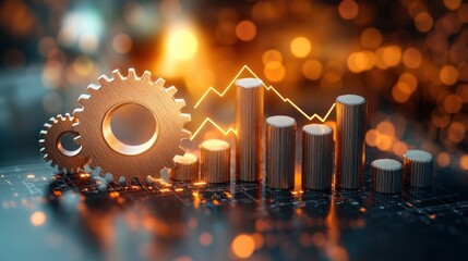Shiny metallic gears and cylindrical bar chart with glowing orange line graph on dark circuit board background representing technology and data analysis