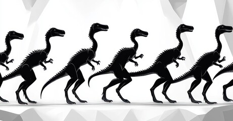 silhouetted group of running dinosaurs in a repetitive pattern with a minimalist geometric background creating a sense of motion and unity