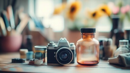 Vintage camera and amber glass bottle on wooden table with blurred background of art supplies and sunflowers creating a warm, nostalgic atmosphere