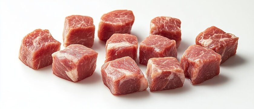 Twelve pieces of raw cubed meat arranged on a white surface showcasing fresh texture and marbling - Powered by Adobe