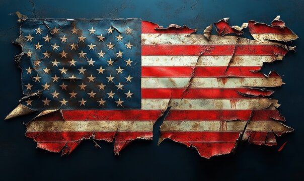 Tattered and worn United States flag with visible tears and distressed colors against dark background conveying deterioration and resilience