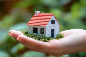 Small detailed model house with a red roof and white walls placed on a hand surrounded by miniature greenery symbolizing care and protection