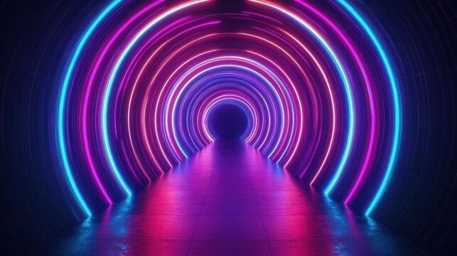 Futuristic tunnel with concentric neon rings in pink, purple, and blue glowing softly over a dark floor, creating a vibrant and immersive pathway - Powered by Adobe