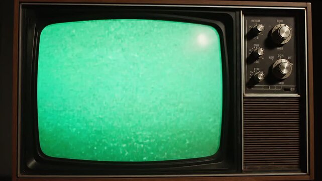 Vintage television displaying static noise on a green screen, an old-fashioned CRT television set with analog tuning knobs and a wooden casing