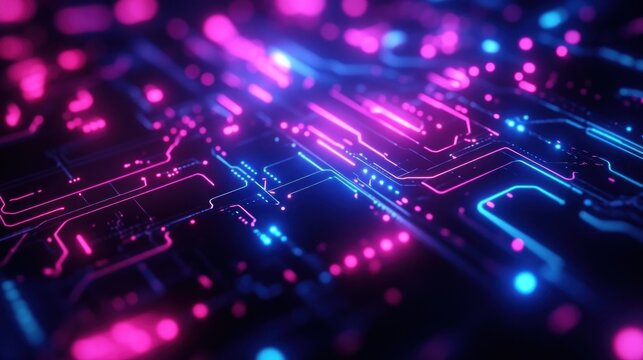 Close-up view of a futuristic circuit board glowing with neon pink and blue lights creating a high-tech digital atmosphere