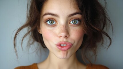 Close-up portrait of a young woman with freckles, green eyes, and tousled brown hair making a playful face with pursed lips against a plain background