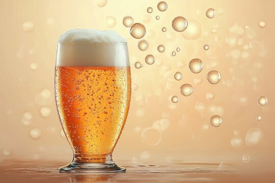 Close-up of a glass filled with frothy orange beer with bubbles rising against a warm beige background creating a refreshing atmosphere
