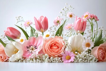 Delicate arrangement of pink and white flowers including roses, tulips, daisies, and baby's breath on a light background conveying softness and elegance