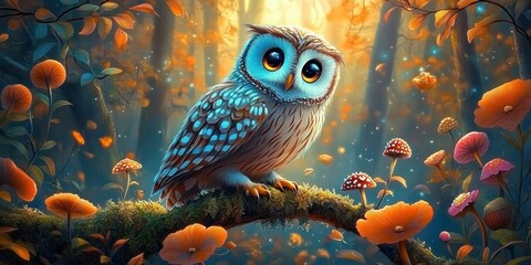 A cute blue and brown owl with large bright eyes perched on a mossy branch surrounded by glowing orange and red mushrooms in an enchanted forest at sunset