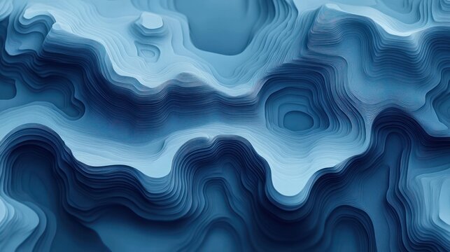 Abstract layered blue topographic map or terrain model with smooth contour lines and deep valleys creating a sense of depth and fluidity