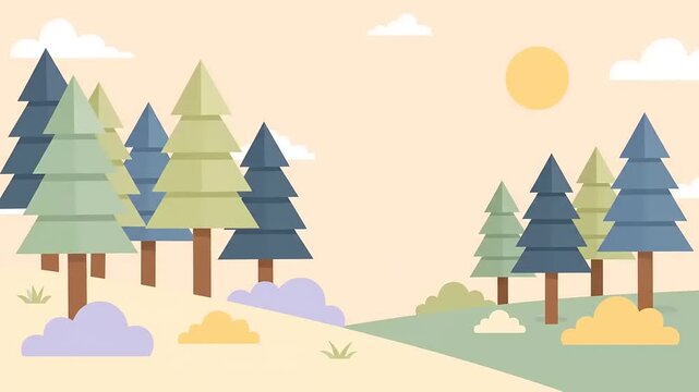 A serene, minimalist landscape illustration featuring a cluster of stylized pine trees under a soft, pastel sky with a gentle sun.
