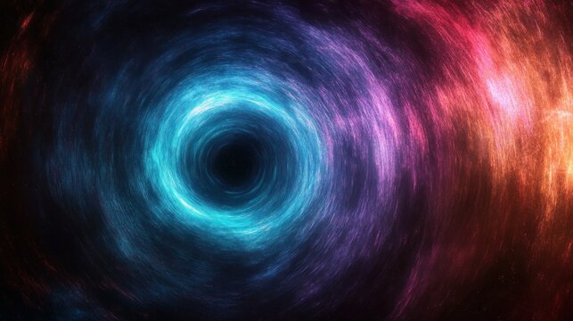 Vibrant swirling cosmic vortex with glowing blue center surrounded by purple and red luminous energy creating a dynamic space tunnel effect