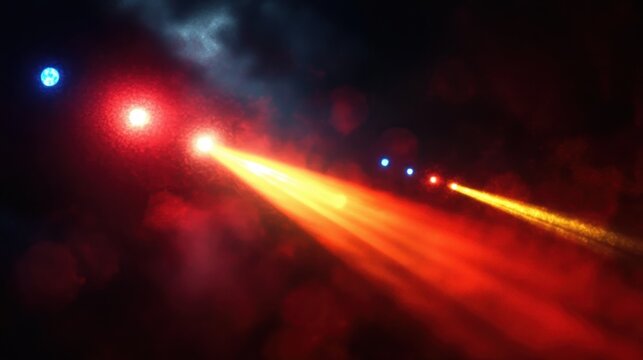 Bright glowing objects emitting vivid red and yellow light beams against a dark smoky background, creating a mysterious and intense cosmic atmosphere