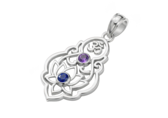 Elegant silver om lotus pendant with purple gemstones jewelry isolated on transparent background