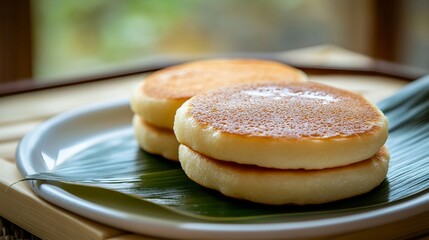 Two fluffy pancakes filled with sweet red bean paste, placed on a bamboo leaf or clean white plate, traditional Japanese confection.