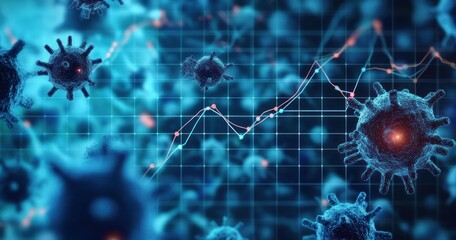 3D visualization of virus particles floating over a digital financial graph with fluctuating trend lines representing data analysis and monitoring of viral spread