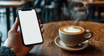 Hand holding smartphone with blank screen next to steaming cup of coffee with latte art on rustic wooden table in cafe