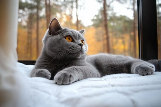 Gray cat with bright orange eyes relaxing on a white surface near a window with autumn trees visible outside, looking peacefully to the side
