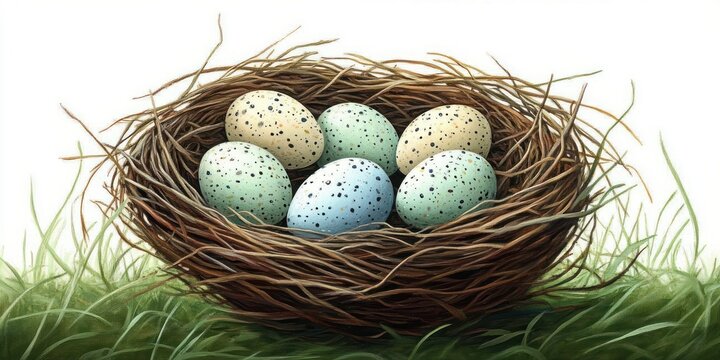 A bird's nest resting on grass, holding six speckled eggs in shades of pale blue, green, and cream, symbolizing nature, birth, and new beginnings - Powered by Adobe
