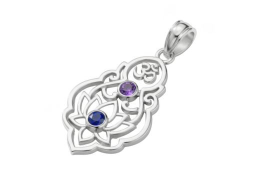Elegant silver om lotus pendant with purple gemstones jewelry isolated on transparent background