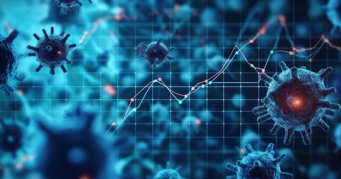 3D visualization of virus particles floating over a digital financial graph with fluctuating trend lines representing data analysis and monitoring of viral spread