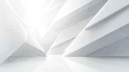 Abstract white geometric architectural space with sharp angular shapes and bright light creating a futuristic and minimalistic atmosphere