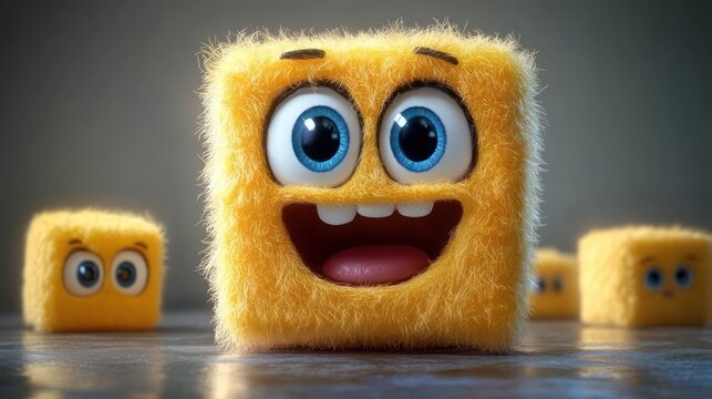 smiling fluffy yellow cube with big blue eyes in foreground and three smaller similar cubes in background on reflective surface expressing joy
