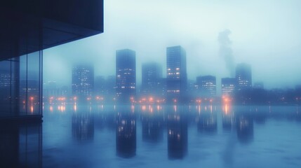 foggy cityscape with illuminated modern skyscrapers reflecting on calm water during twilight, evoking a serene and mysterious atmosphere