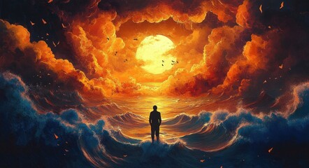 Silhouette of a person standing in turbulent ocean waves under a fiery orange sky with a large glowing sun and swirling clouds, evoking a dramatic and surreal atmosphere