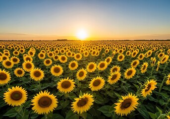 Fototapeta premium Expansive sunflower field basks in the golden light of the setting sun under a tranquil blue sky horizon
