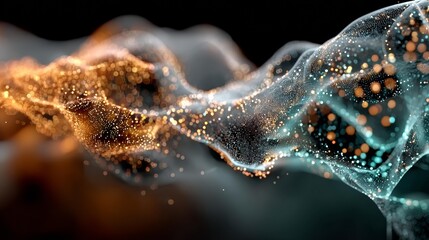 Dynamic glowing particles swirl in ethereal digital wave, representing data flow, innovation, and futuristic technology.