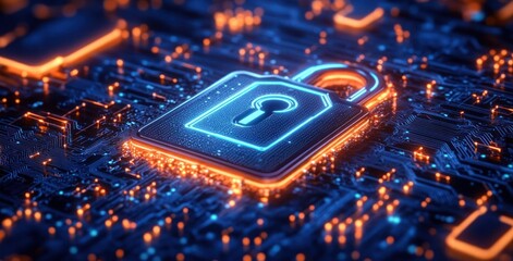 Digital glowing lock symbol on a futuristic circuit board representing cybersecurity and data protection with vibrant blue and orange light effects